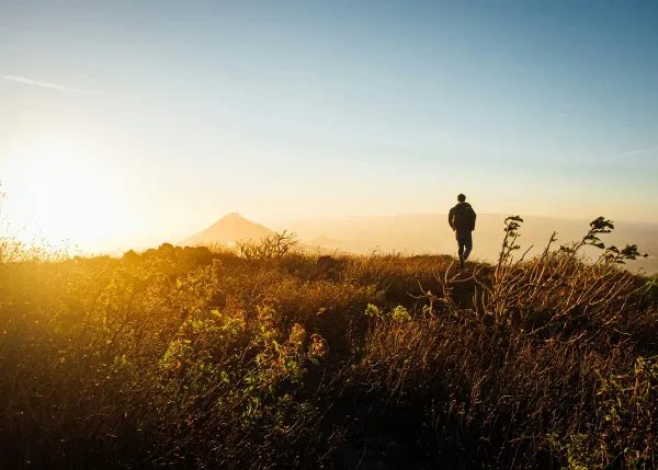 Person walking through green grass with mountains visible in the distance